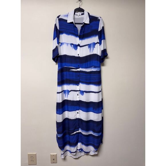 BELLA DAHL Wave Print V-Neck Short Sleeve Maxi Shirt Dress, Sz S - Picture 2 of 15